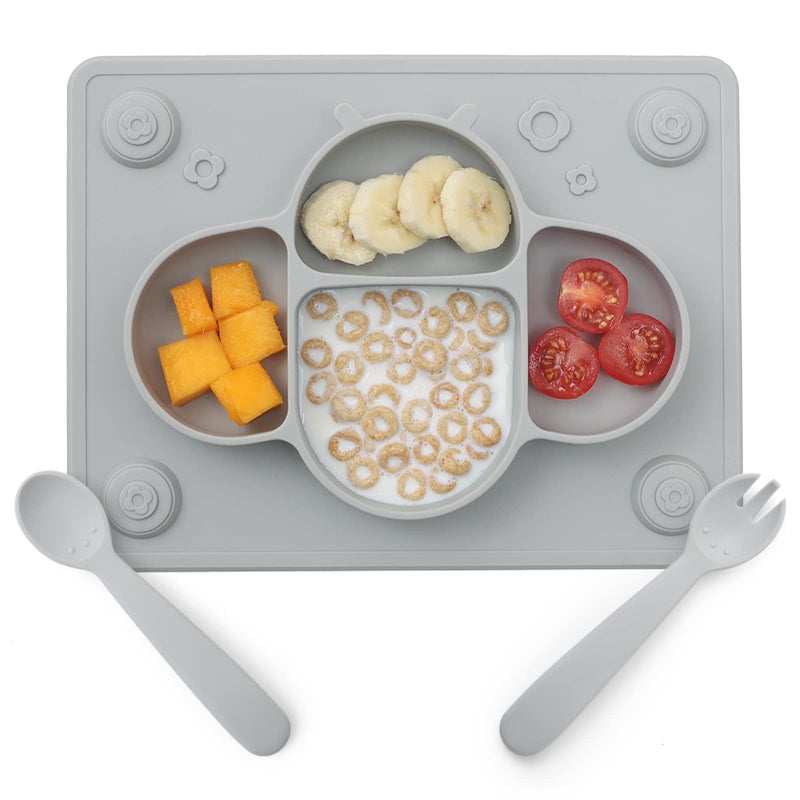 ROCCED Suction Plates for Baby Placemat Spoon Fork Set for Toddlers, Silicone Baby Plates with Suction Baby Dishes for Kids Plates-grey - Image 1